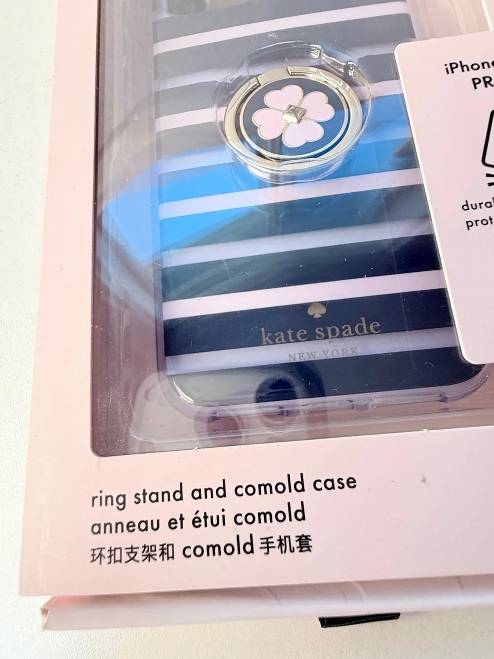 kate spade Navy & White Striped iPhone 11 Pro Case with Pink Flower Ring Stand